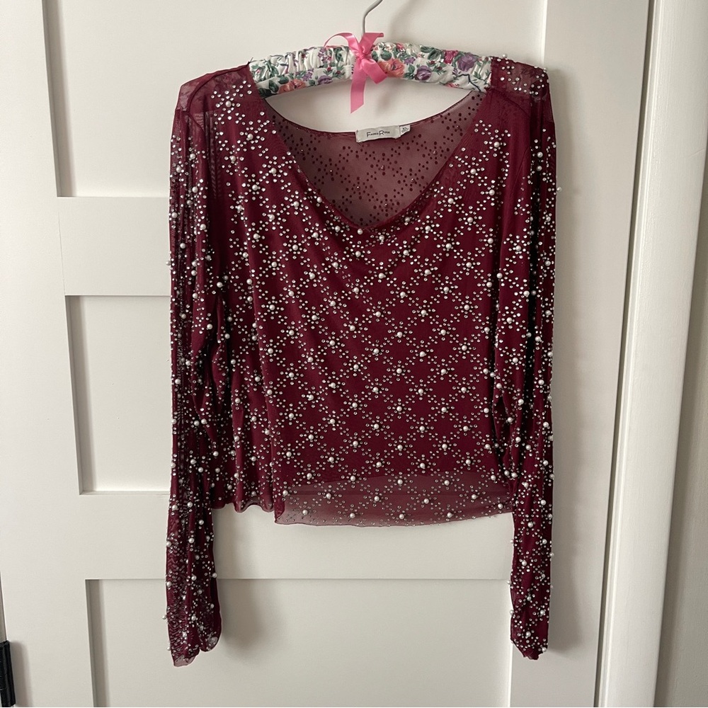 Faded Rose beaded mesh crop top with rhinestones/pearl beading